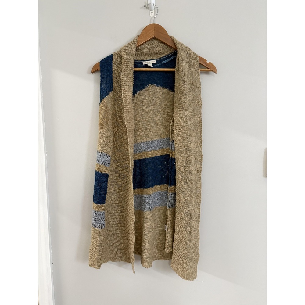 Cato Vest Womens Small Beige Blue Open Front Sleeveless Striped Cardigan Knit